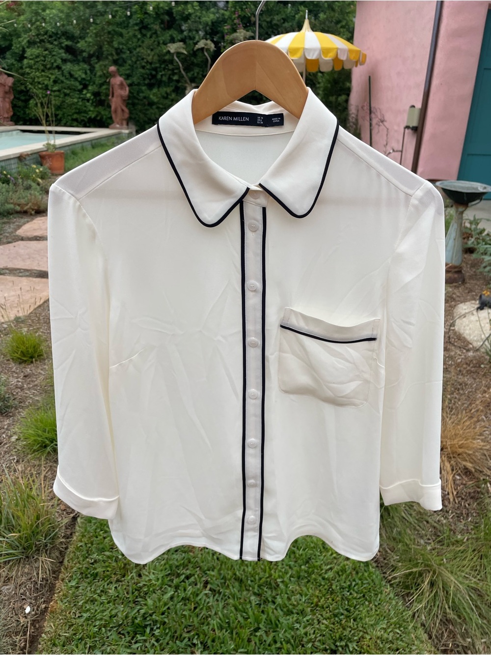 Karen Millen Cream Button-Up Shirt with Black Trim